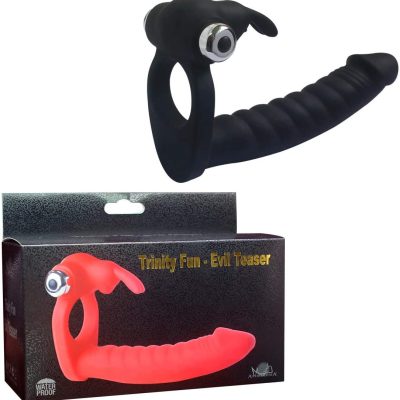 7-Speed Black Color Silicone Vibrating Rabbit Cock Ring with Realistic Dildo