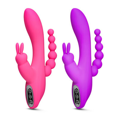 Pink Color 7 Speeds Rechargeable Silicone Rabbit Vibrator with Anal Beads