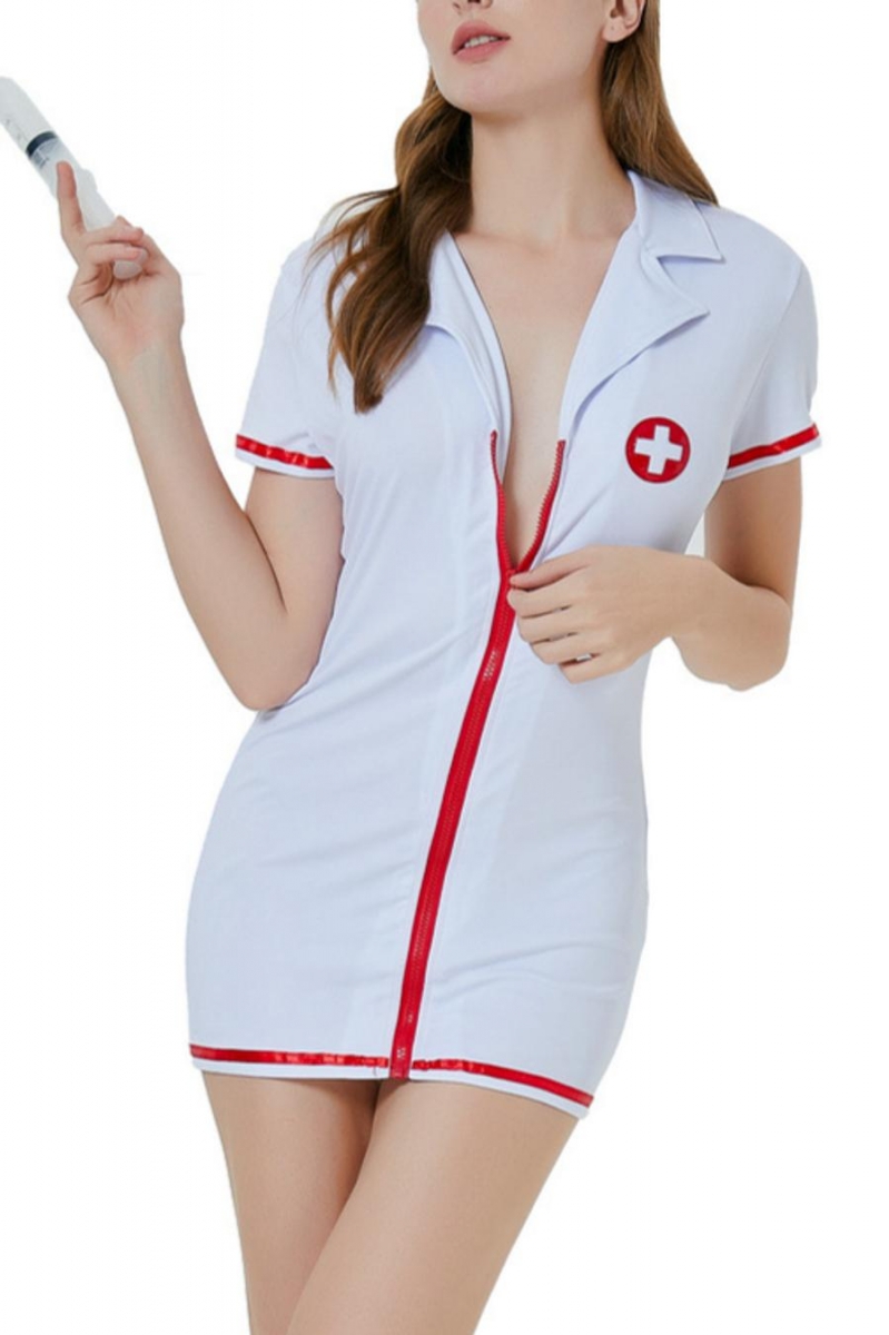 Halloween zip-up cosplay nurse costume(with hair hoop & thong & syringe) Wholesale Sexy Lingerie