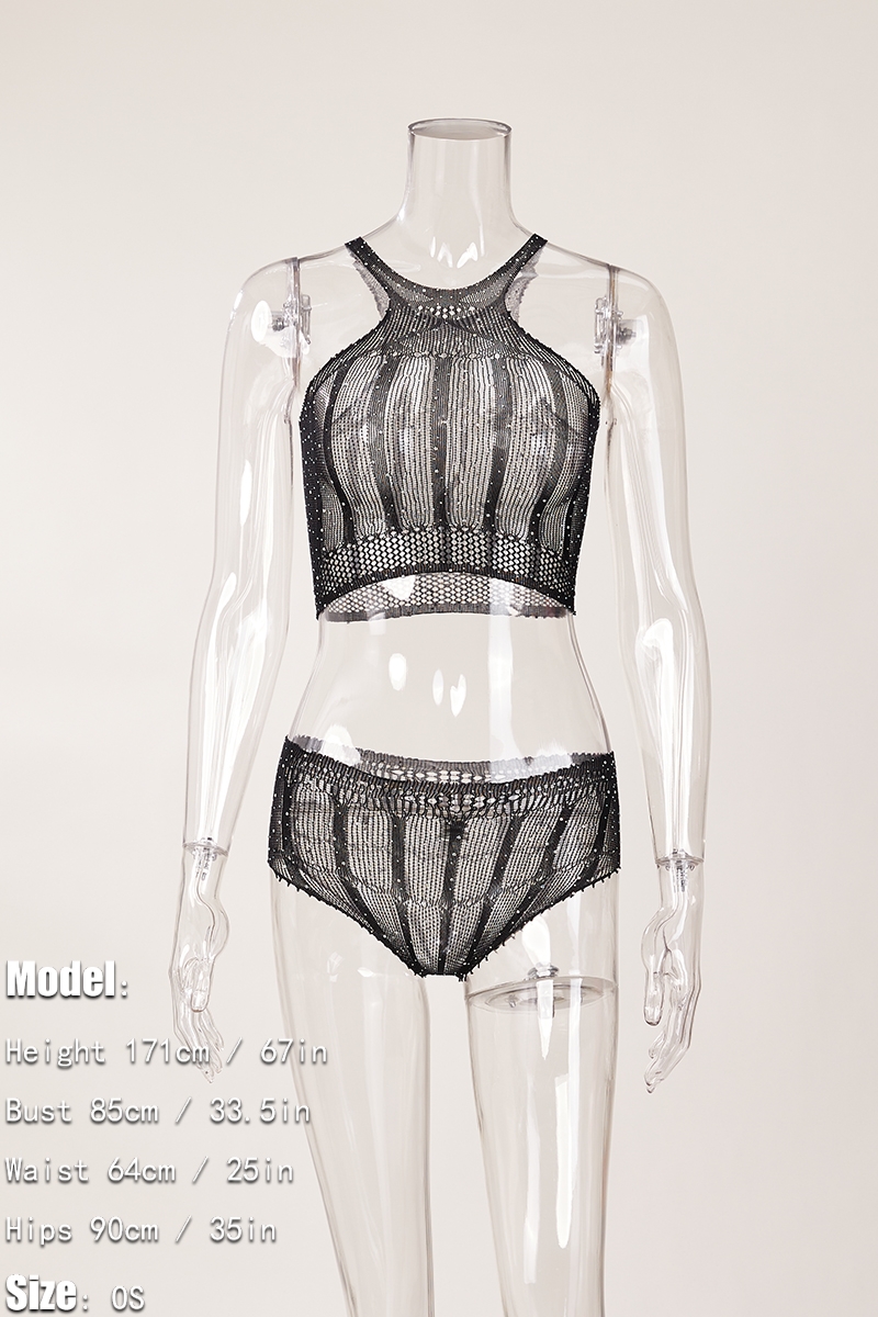 Sexy stretch stripe mesh rhinestone sling two-piece set Wholesale Sexy Lingerie - Image 8