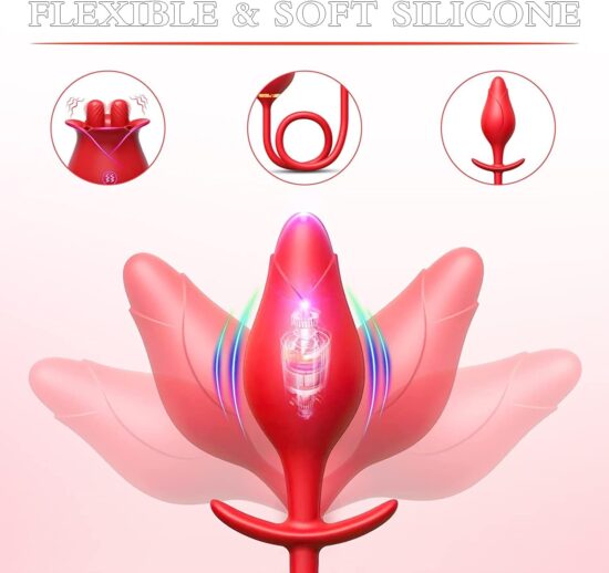 Red Color Silicone Clitoral Rose Stimulator with Vibrating Anal Plug - Image 8
