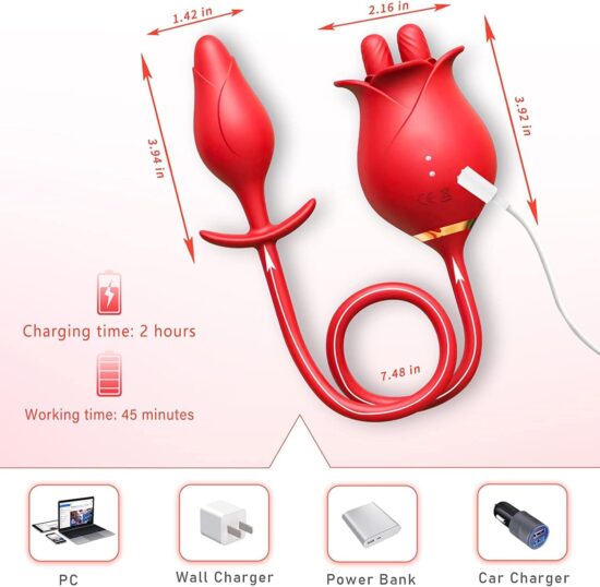 Red Color Silicone Clitoral Rose Stimulator with Vibrating Anal Plug - Image 7