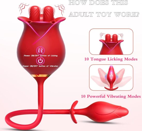 Red Color Silicone Clitoral Rose Stimulator with Vibrating Anal Plug - Image 4