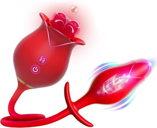 Red Color Silicone Clitoral Rose Stimulator with Vibrating Anal Plug - Image 5