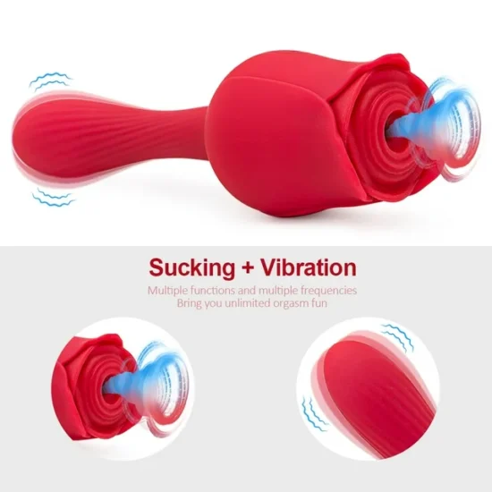 7-Function Red Color Silicone Clitoral Rose Sucking Massager with Classic Vibrator - Image 4