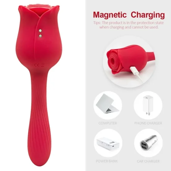7-Function Red Color Silicone Clitoral Rose Sucking Massager with Classic Vibrator - Image 5