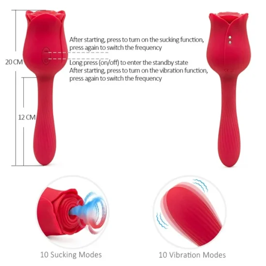7-Function Red Color Silicone Clitoral Rose Sucking Massager with Classic Vibrator - Image 2
