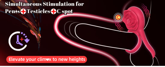 9-Speed Red Rechargeable Silicone Vibrating Cock Ring with Rose Clitoral Stimulator - Image 9