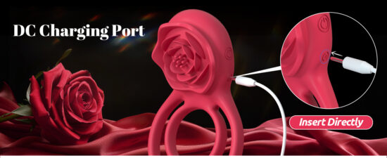9-Speed Red Rechargeable Silicone Vibrating Cock Ring with Rose Clitoral Stimulator - Image 3