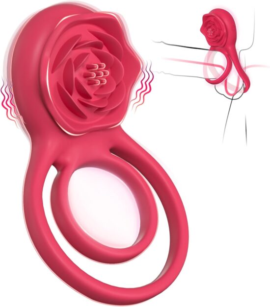 9-Speed Red Rechargeable Silicone Vibrating Cock Ring with Rose Clitoral Stimulator