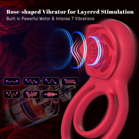 9-Speed Red Rechargeable Silicone Vibrating Cock Ring with Rose Clitoral Stimulator - Image 7