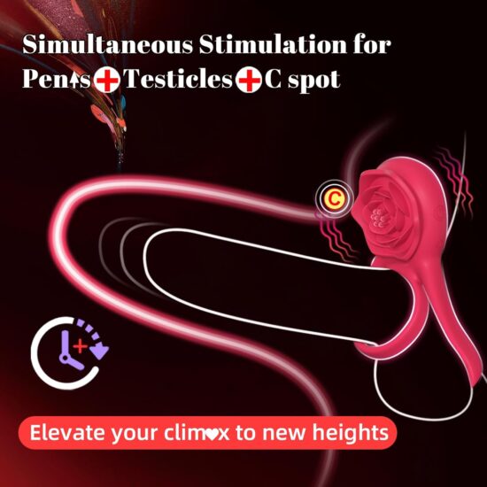 9-Speed Red Rechargeable Silicone Vibrating Cock Ring with Rose Clitoral Stimulator - Image 4