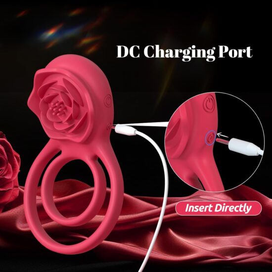 9-Speed Red Rechargeable Silicone Vibrating Cock Ring with Rose Clitoral Stimulator - Image 5