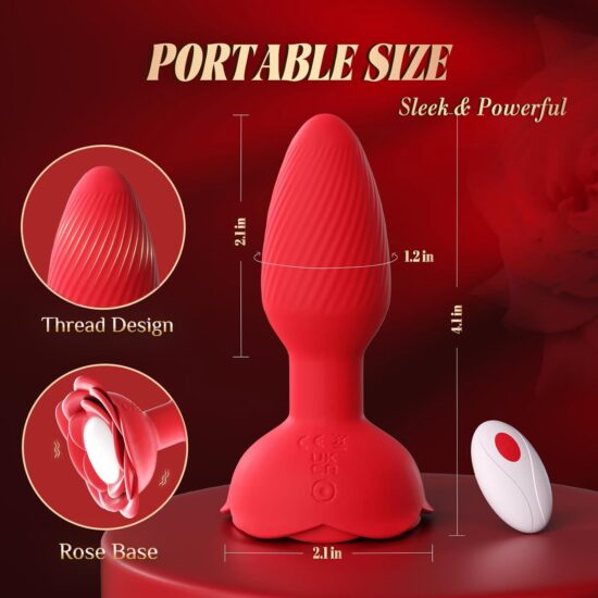 Red Rechargeable 360° Rotating Silicone Vibrating Anal Plug with Remote Control, Light-Up & Rose-Shaped Base - Image 3