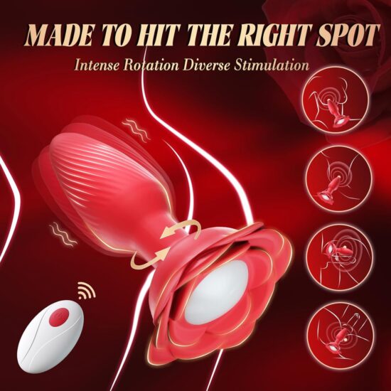 Red Rechargeable 360° Rotating Silicone Vibrating Anal Plug with Remote Control, Light-Up & Rose-Shaped Base - Image 5