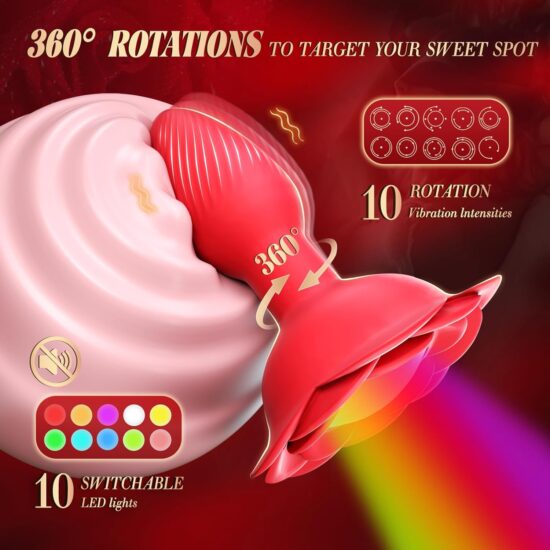 Red Rechargeable 360° Rotating Silicone Vibrating Anal Plug with Remote Control, Light-Up & Rose-Shaped Base - Image 6