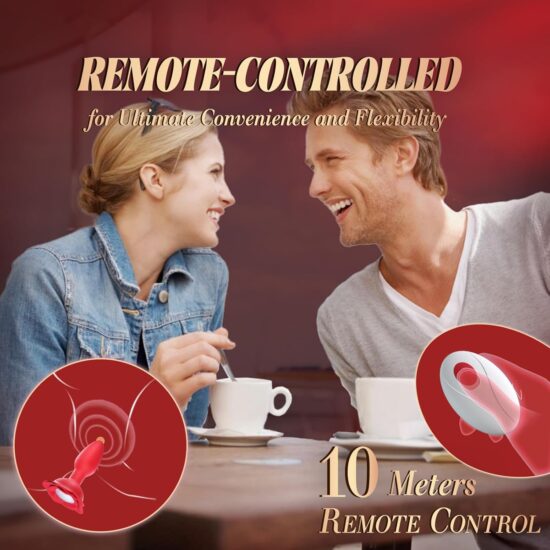Red Rechargeable 360° Rotating Silicone Vibrating Anal Plug with Remote Control, Light-Up & Rose-Shaped Base - Image 4