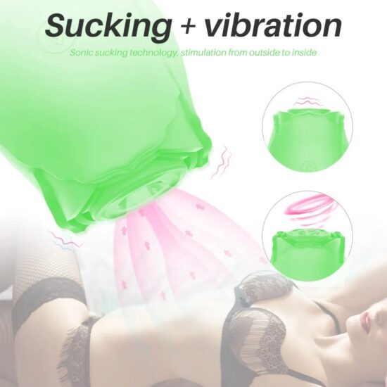 Glow-in-the-Dark 10-Function Green Silicone Rechargeable Clitoral Sucking Rose Sex Toy - Image 6