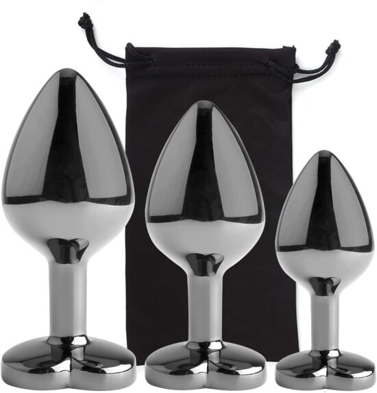 3 Sizes Metal Anal Plug Set with Black Heart-Shaped Buttom - Image 2