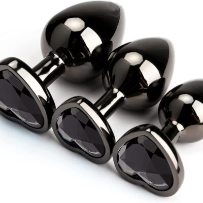 3 Sizes Metal Anal Plug Set with Black Heart-Shaped Buttom