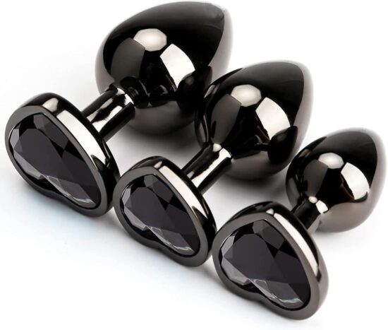 3 Sizes Metal Anal Plug Set with Black Heart-Shaped Buttom