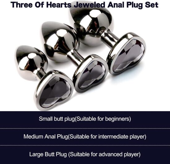 3 Sizes Metal Anal Plug Set with Black Heart-Shaped Buttom - Image 8