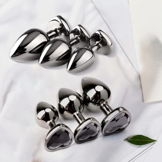 3 Sizes Metal Anal Plug Set with Black Heart-Shaped Buttom - Image 5