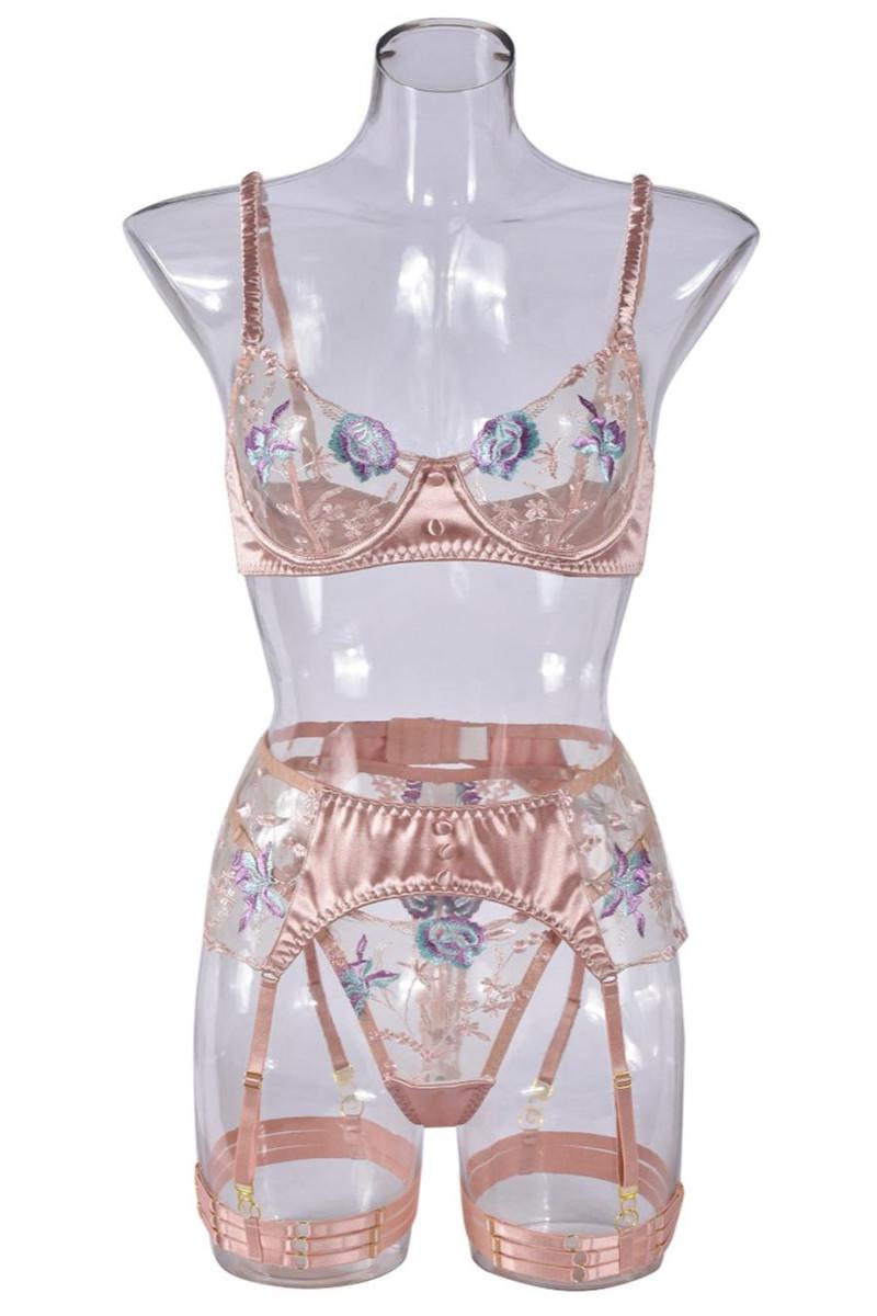 Sexy flower embroidery mesh garter three-piece set(with underwire& leg rings) - Image 5