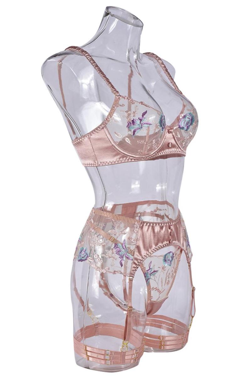 Sexy flower embroidery mesh garter three-piece set(with underwire& leg rings) - Image 6