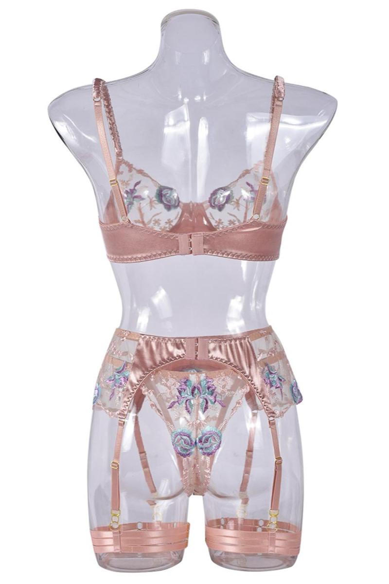 Sexy flower embroidery mesh garter three-piece set(with underwire& leg rings) - Image 7