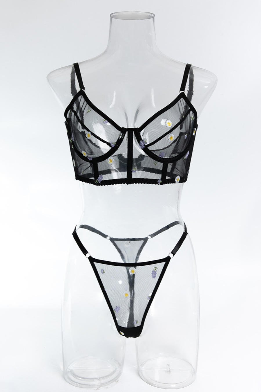 Sexy slight stretch daisy lavender embroidery mesh with underwire two-piece set - Image 9