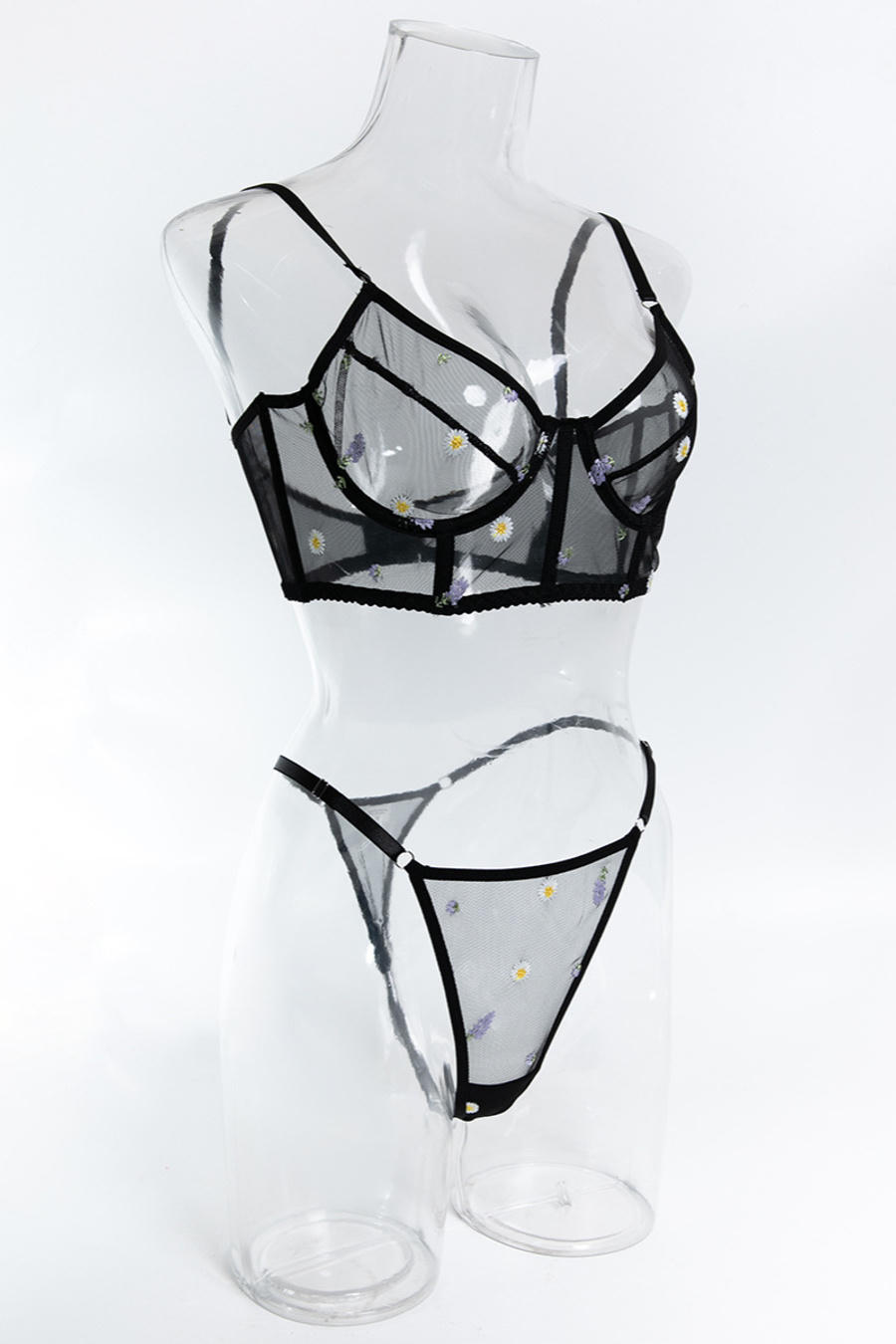 Sexy slight stretch daisy lavender embroidery mesh with underwire two-piece set - Image 8