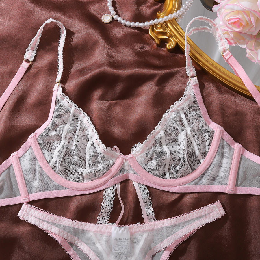 Sexy slight stretch with underwire see-through lace bow decor two-piece set - Image 10