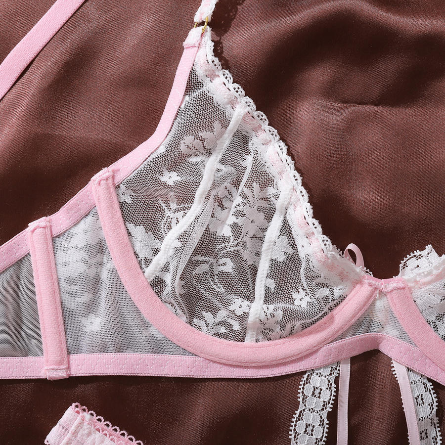 Sexy slight stretch with underwire see-through lace bow decor two-piece set - Image 12