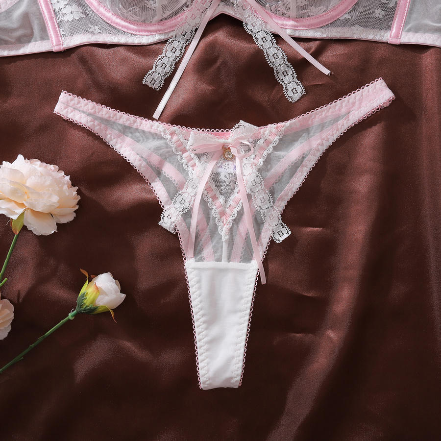 Sexy slight stretch with underwire see-through lace bow decor two-piece set - Image 13