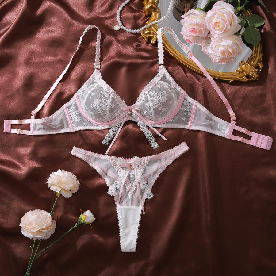 Sexy slight stretch with underwire see-through lace bow decor two-piece set - Image 7
