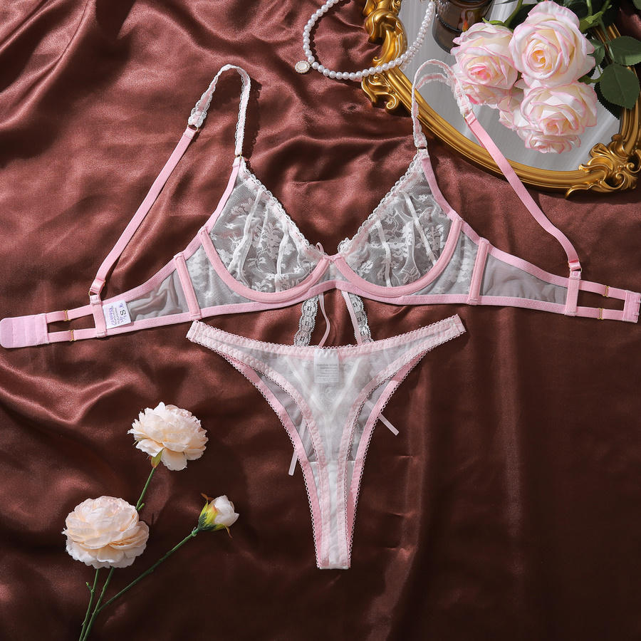 Sexy slight stretch with underwire see-through lace bow decor two-piece set - Image 8