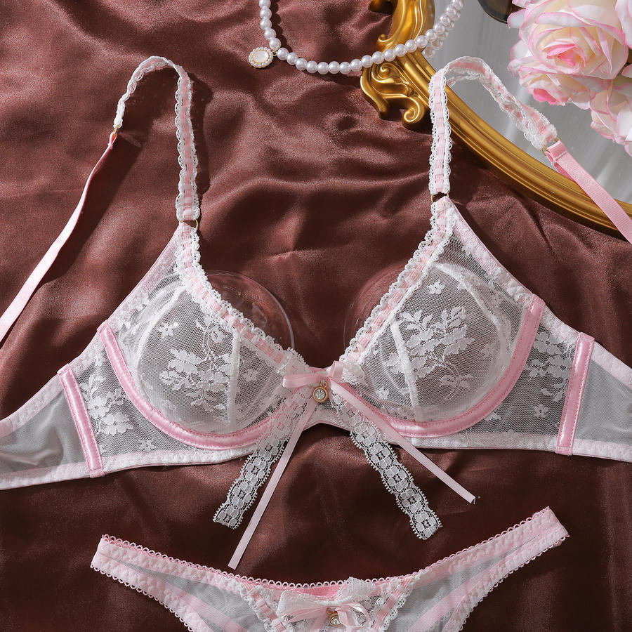 Sexy slight stretch with underwire see-through lace bow decor two-piece set - Image 9