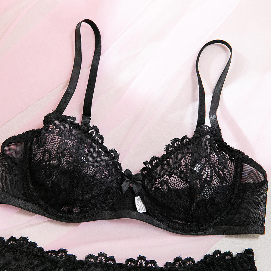 Sexy slight stretch see through lace underwire gathered three-piece set - Image 12