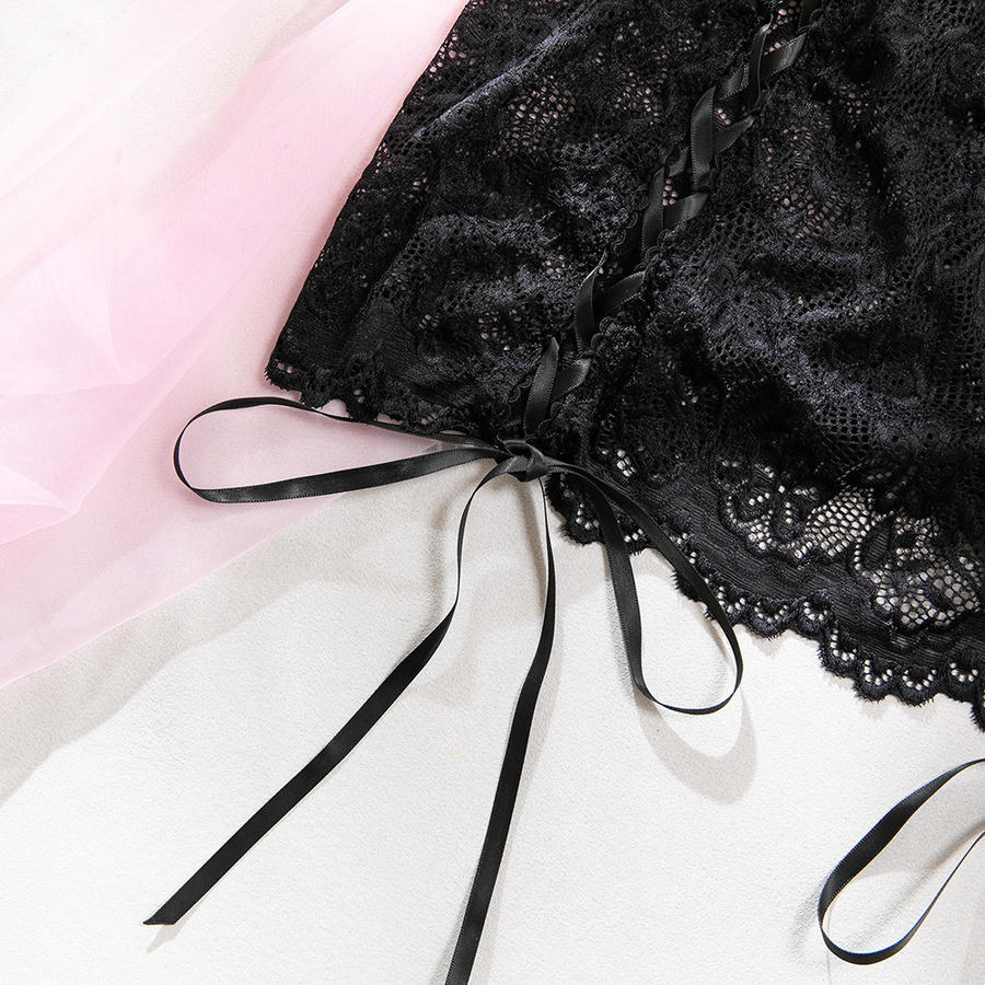 Sexy slight stretch see through lace underwire gathered three-piece set - Image 15