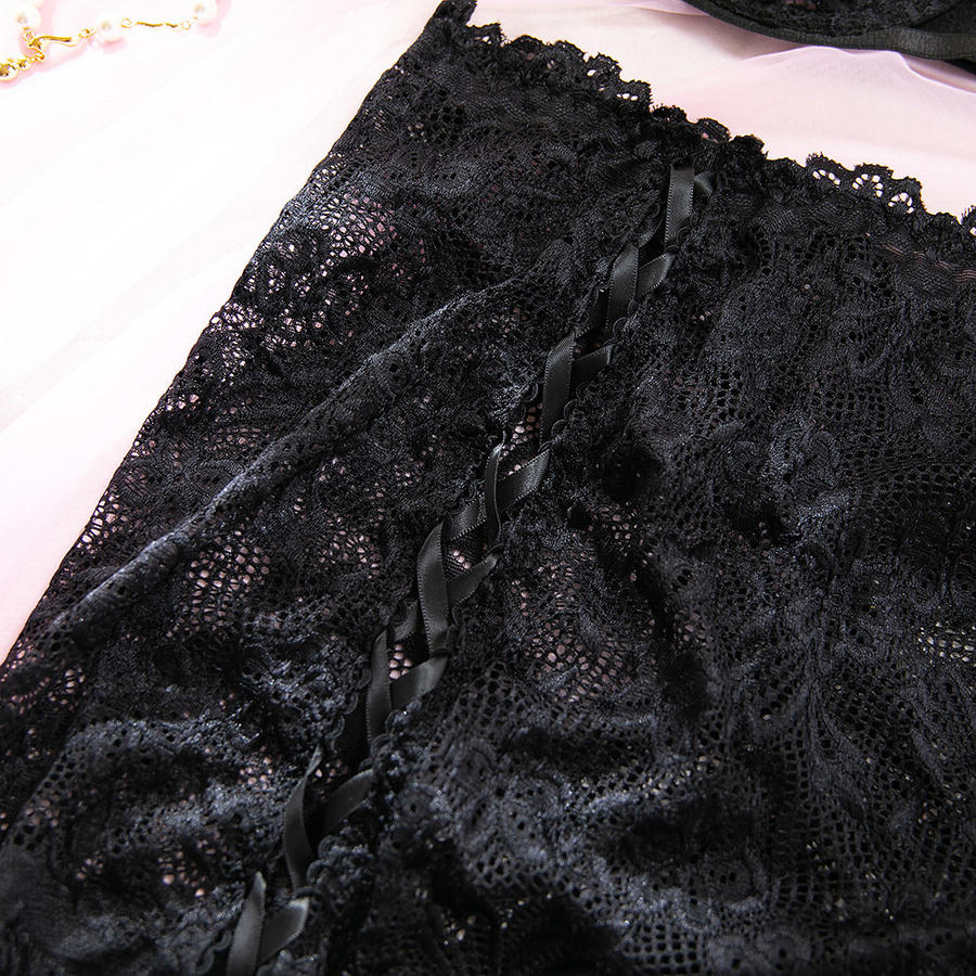 Sexy slight stretch see through lace underwire gathered three-piece set - Image 17