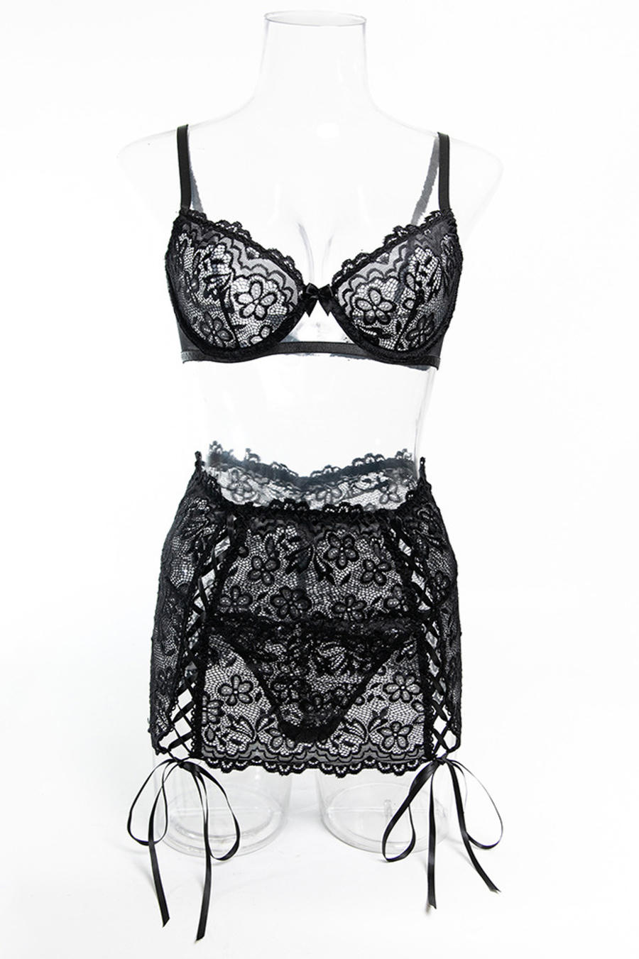 Sexy slight stretch see through lace underwire gathered three-piece set - Image 7