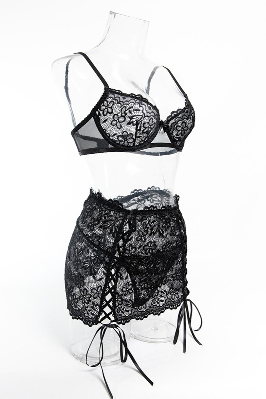 Sexy slight stretch see through lace underwire gathered three-piece set - Image 8