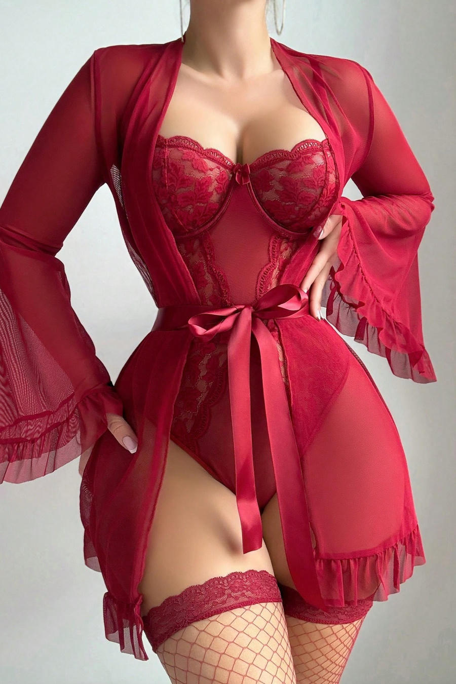 Sexy stretch lace stitching 5 colors underwire stockings three-piece set & belt - Image 13