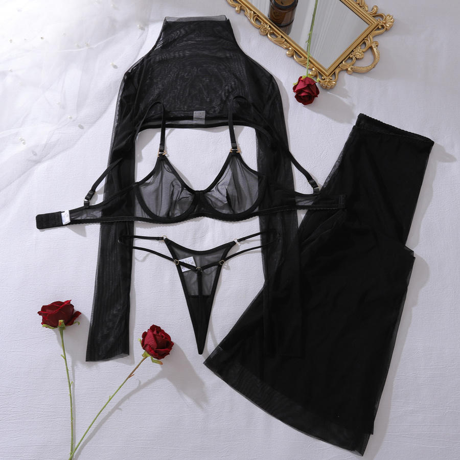 Sexy slight stretch mesh solid color four-piece set(with underwire) - Image 8