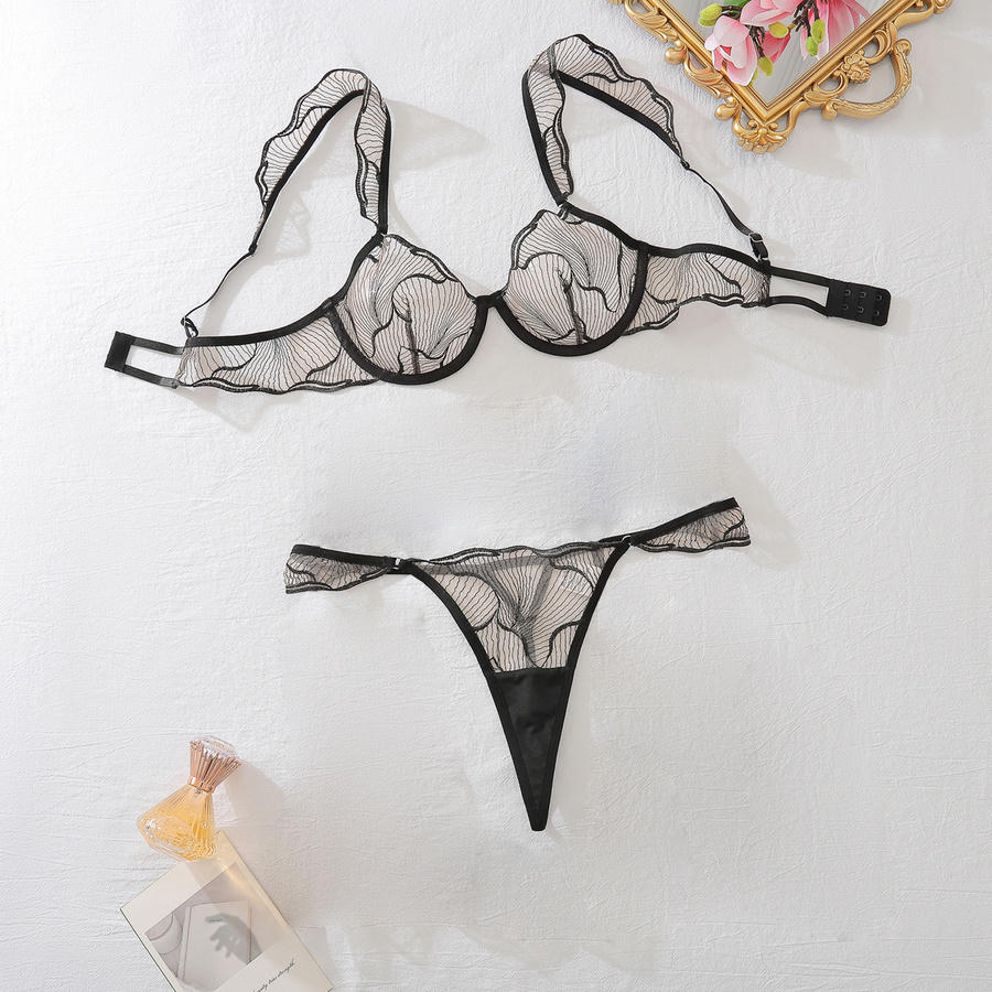 Sexy stretch see through mesh embroidery underwire bra & panty set - Image 2