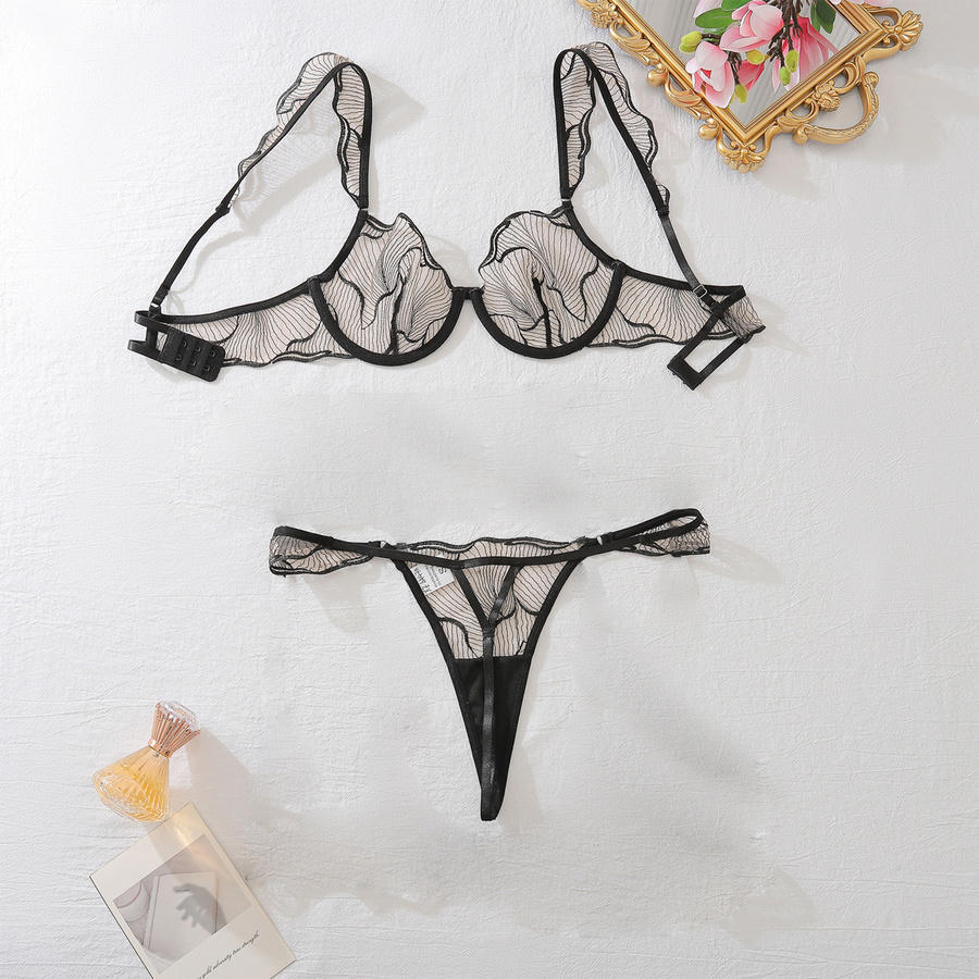 Sexy stretch see through mesh embroidery underwire bra & panty set - Image 3