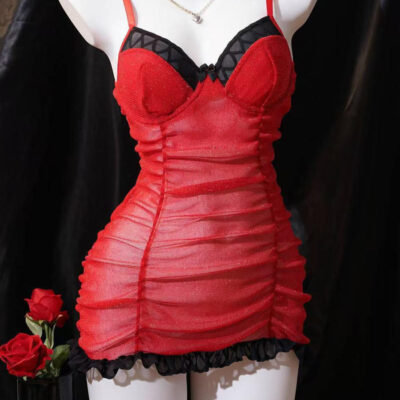 Sexy slight stretch contrast color mesh babydoll(with underwire)