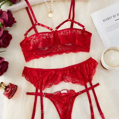 Sexy stretch see through lace underwire garter three-piece lingerie