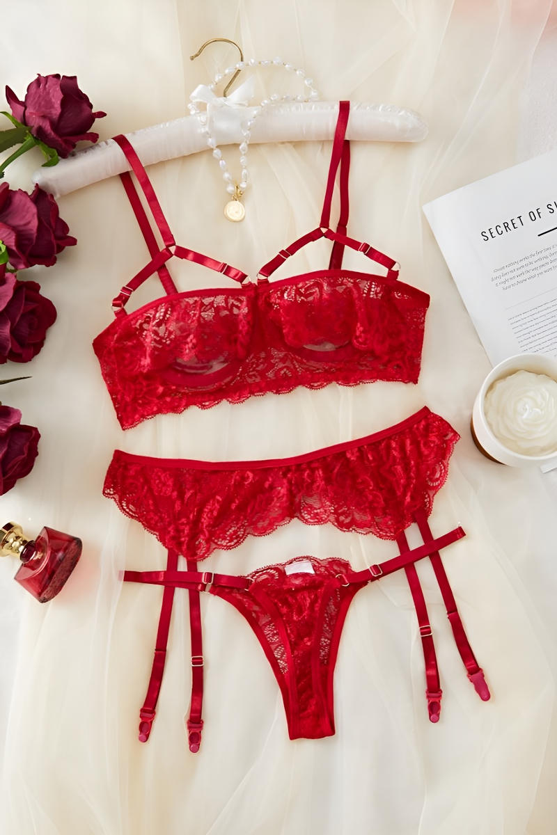 Sexy stretch see through lace underwire garter three-piece lingerie